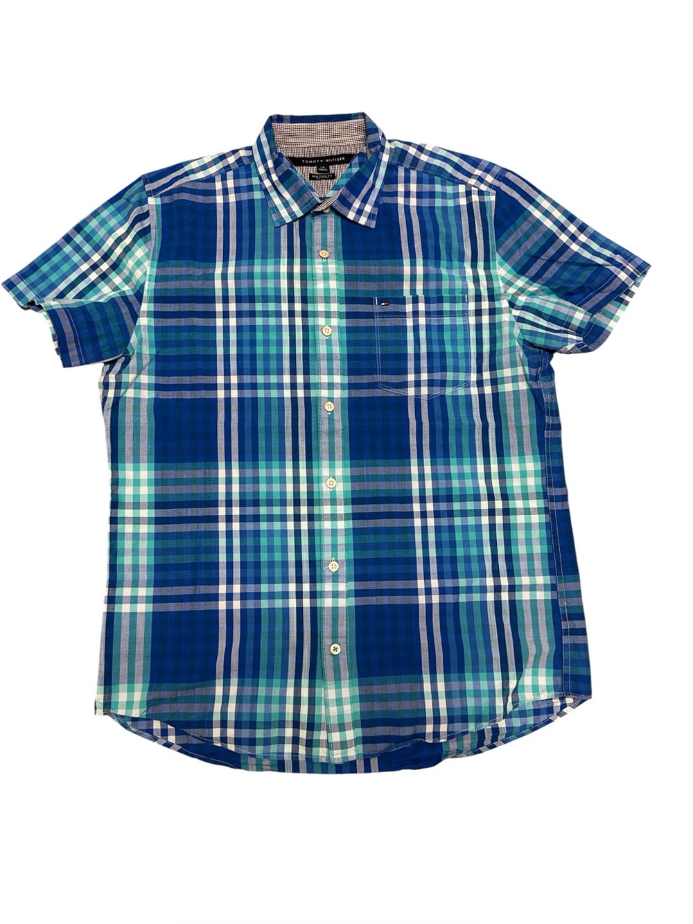 Tommy Hilfiger Blue& Teal Plaid Short-Sleeve Button-Down Shirt Sz-G Y2K Western